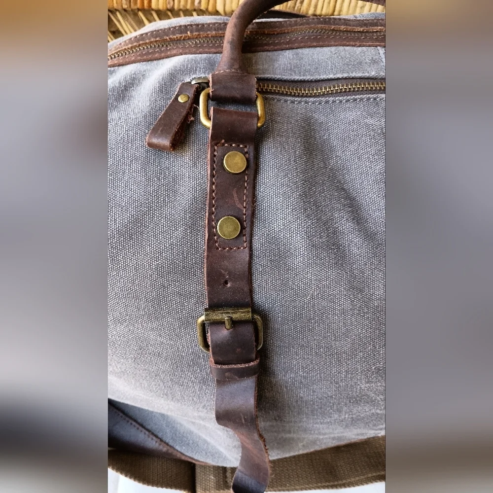 S-ZONE WASH GRAY CANVAS BROWN LEATHER LRG DUFFEL BAG WEEKENDER TRAVEL LUGGAGE